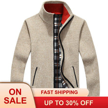 Load image into Gallery viewer, Winter Thick Men&#39;s Knitted Sweater Coat Off White Long Sleeve Cardigan Fleece Full Zip Male Causal Plus Size Clothing for Autumn
